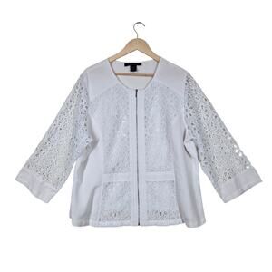 Ashley Stewart Linen Blend Eyelet Panel Jacket 18W White Zip Front 3/4 Slv Boho
